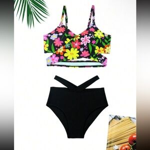Girl Flower Printed Crossed Simple Casual Bikini Swimsuit Set For Vacation